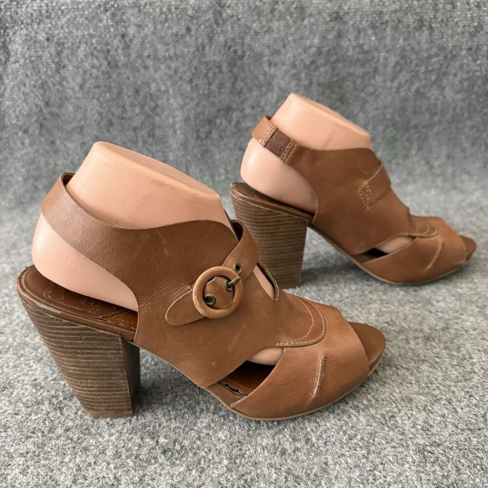 Lucky Brand Women's Tan Brown Leather Peep Toe Block Chunky Heel Sandals 9.5